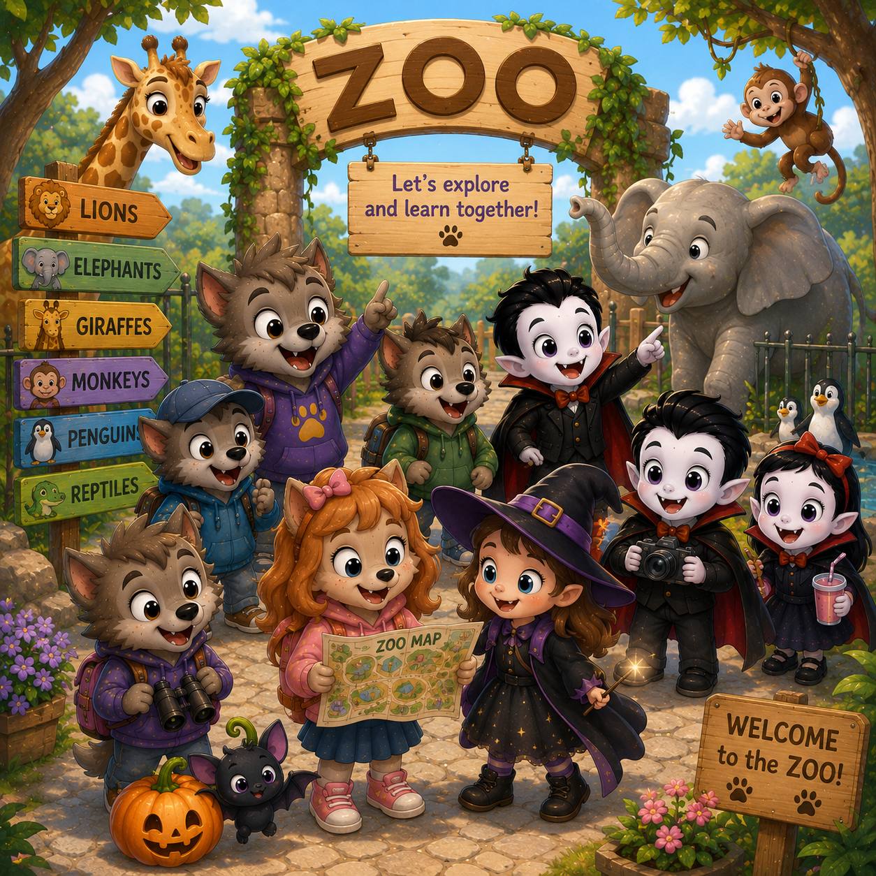 Welcome to the ZOO! Lions elephants giraffes monkeys penguin reptiles