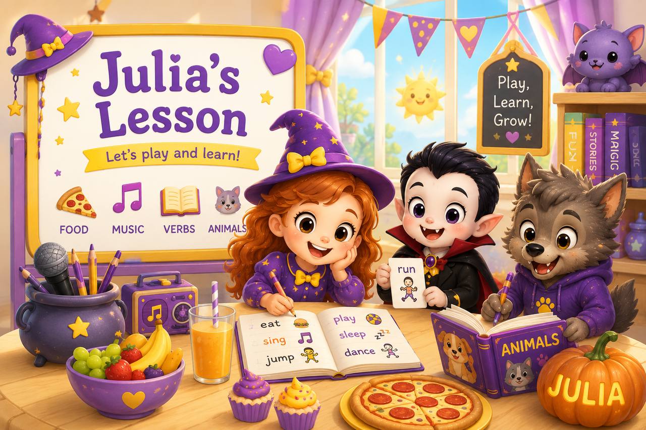 Julia's Lesson · Let's play and learn! FOOD MUSIC VERBS ANIMALS