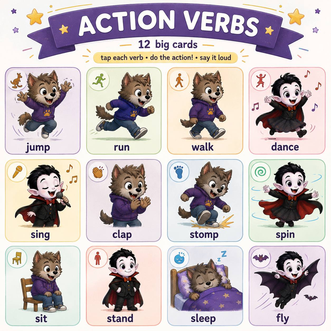 Action verbs · 12 big cards · jump run walk dance sing clap stomp spin sit stand sleep fly