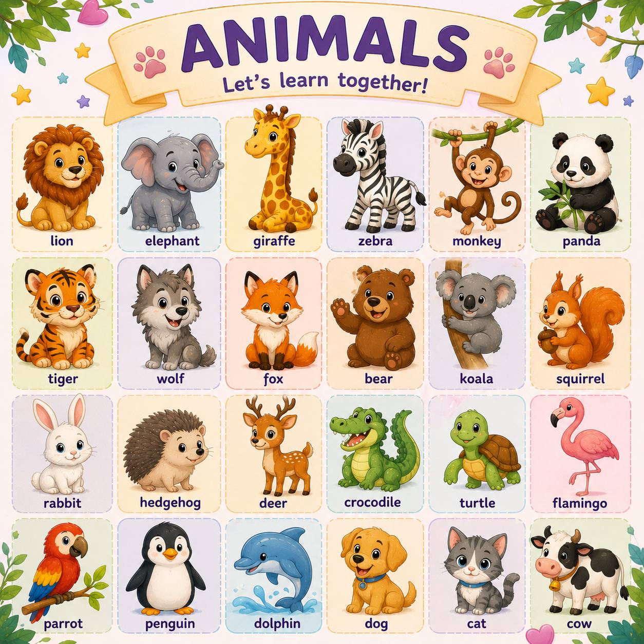 Animals · lion elephant giraffe zebra monkey panda tiger wolf fox bear koala squirrel rabbit hedgehog deer crocodile turtle flamingo parrot penguin dolphin dog cat cow