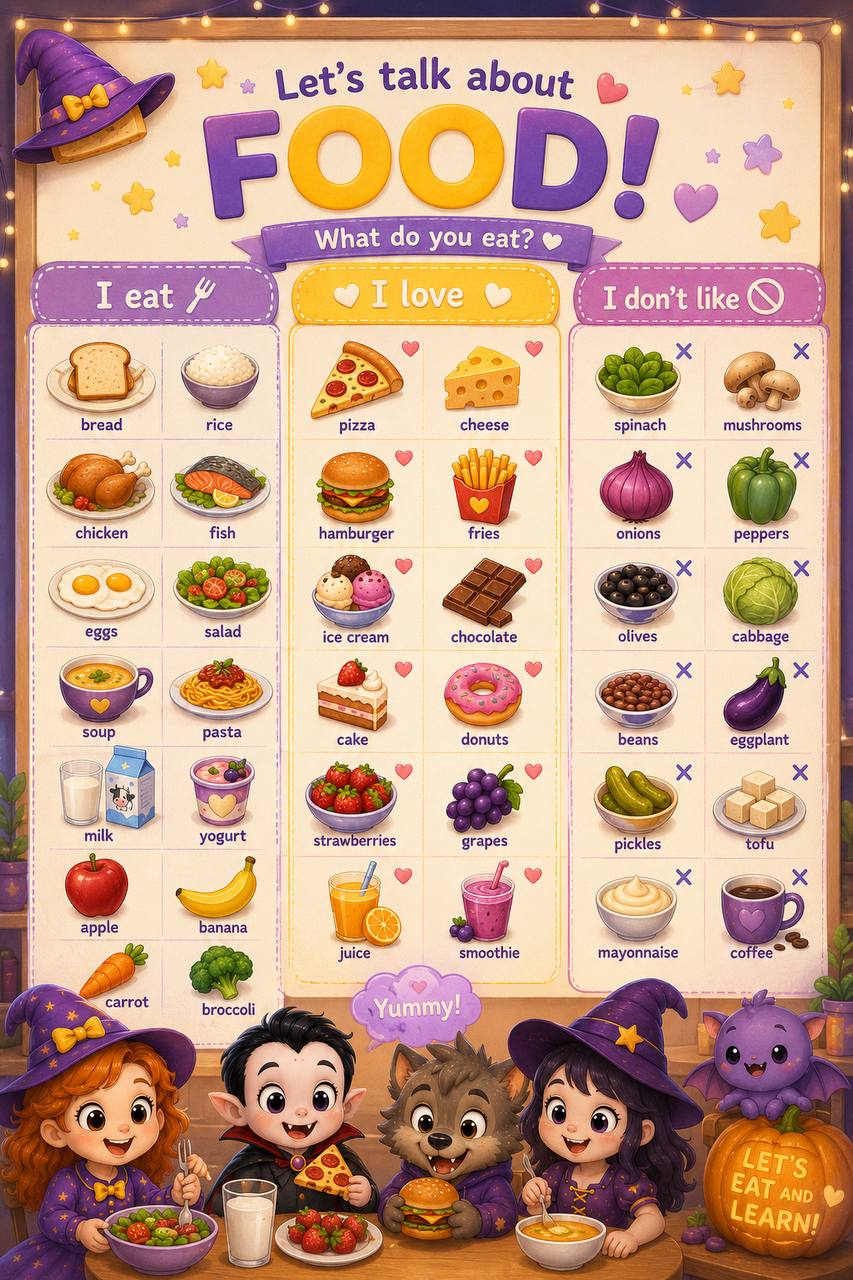 Let's talk about food! What do you eat? I eat · I love · I don't like
