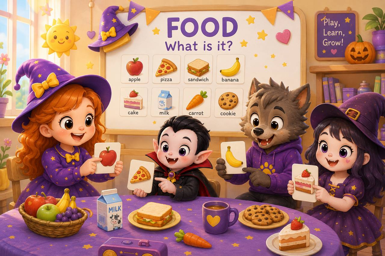 Food · What is it? Julia and friends hold cards