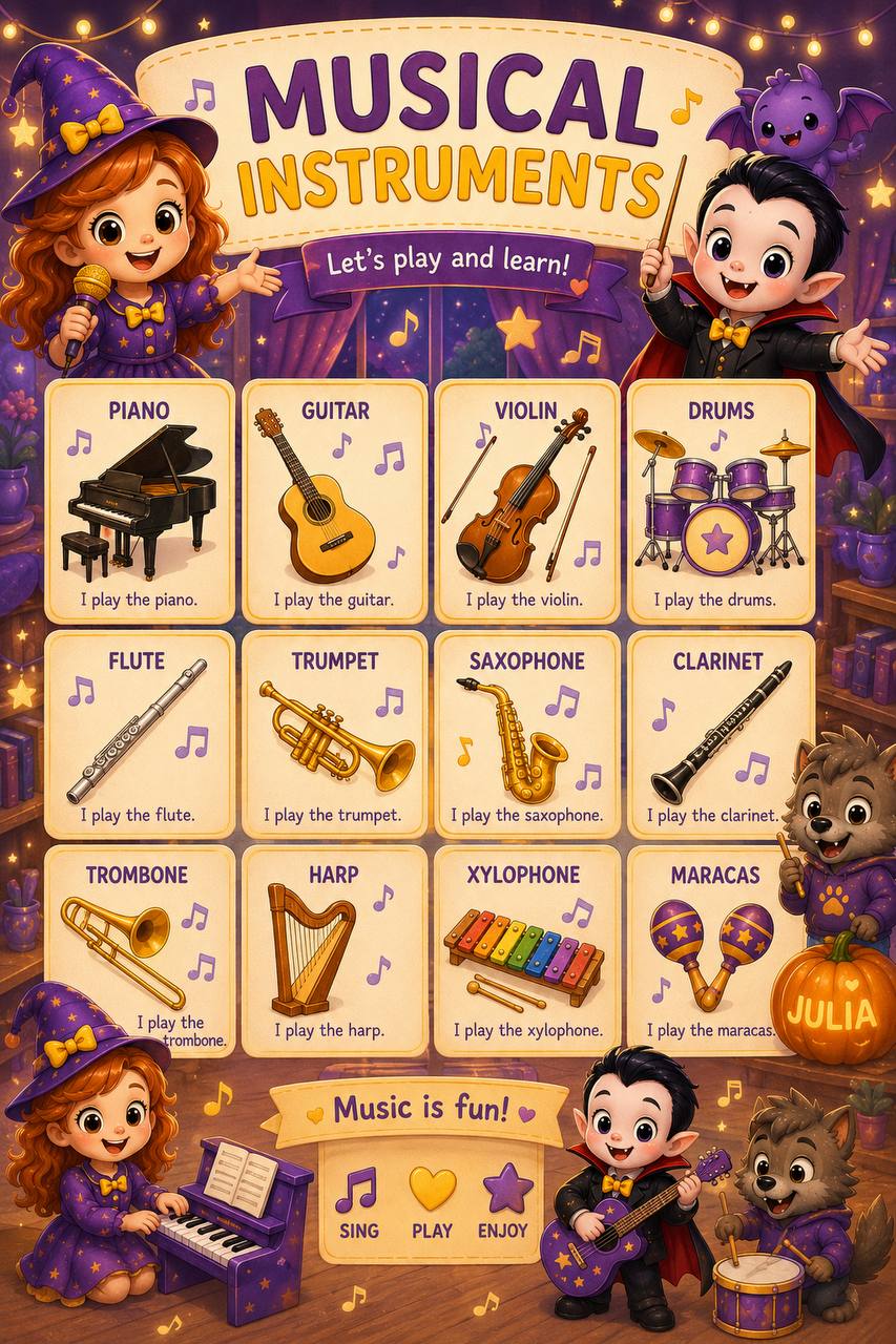 Musical instruments · piano guitar violin drums flute trumpet saxophone clarinet trombone harp xylophone maracas · I play the ___