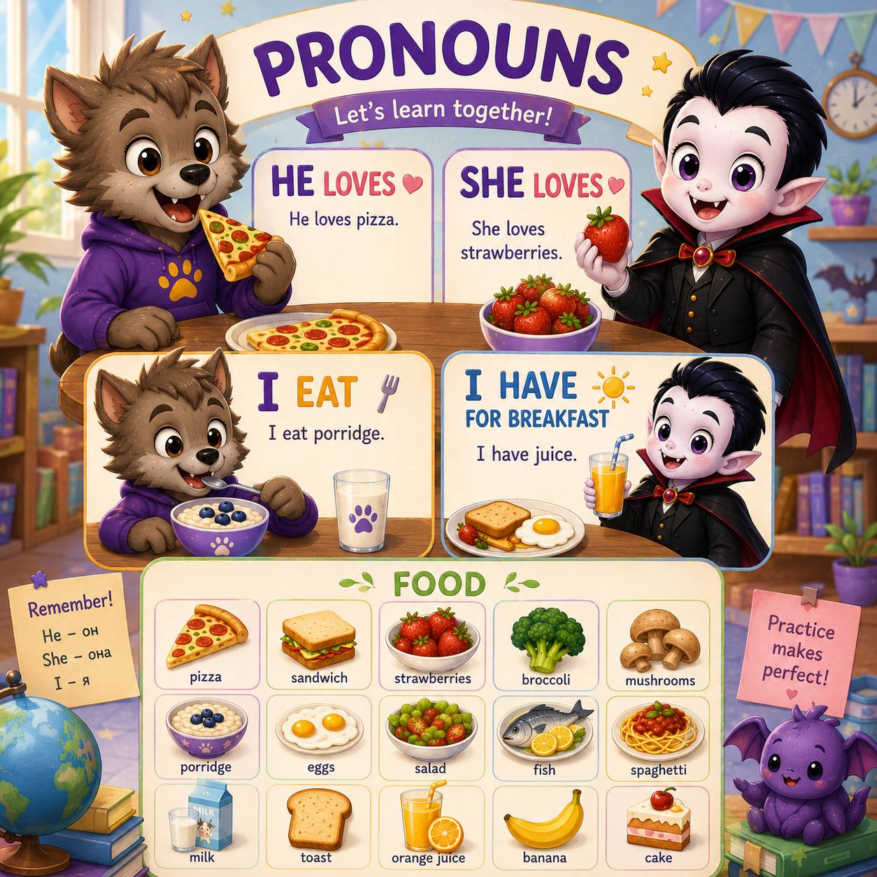 Pronouns · He loves pizza · She loves strawberries · I eat porridge · I have breakfast