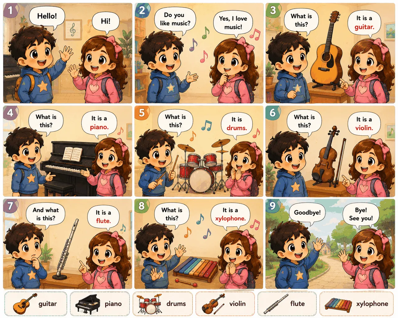 Music comic dialogue: hello, do you like music, what is this, guitar piano drums violin flute xylophone, goodbye