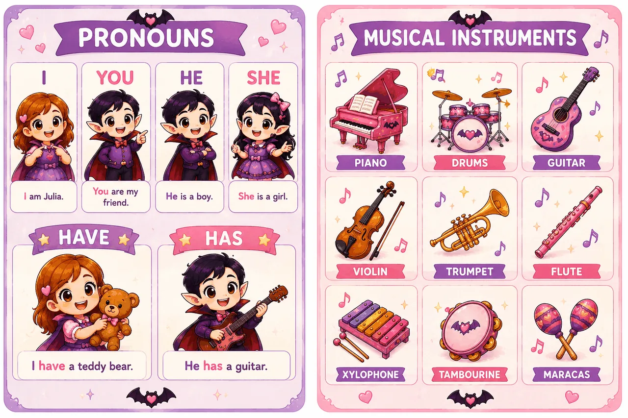 Pronouns and Musical Instruments combined poster
