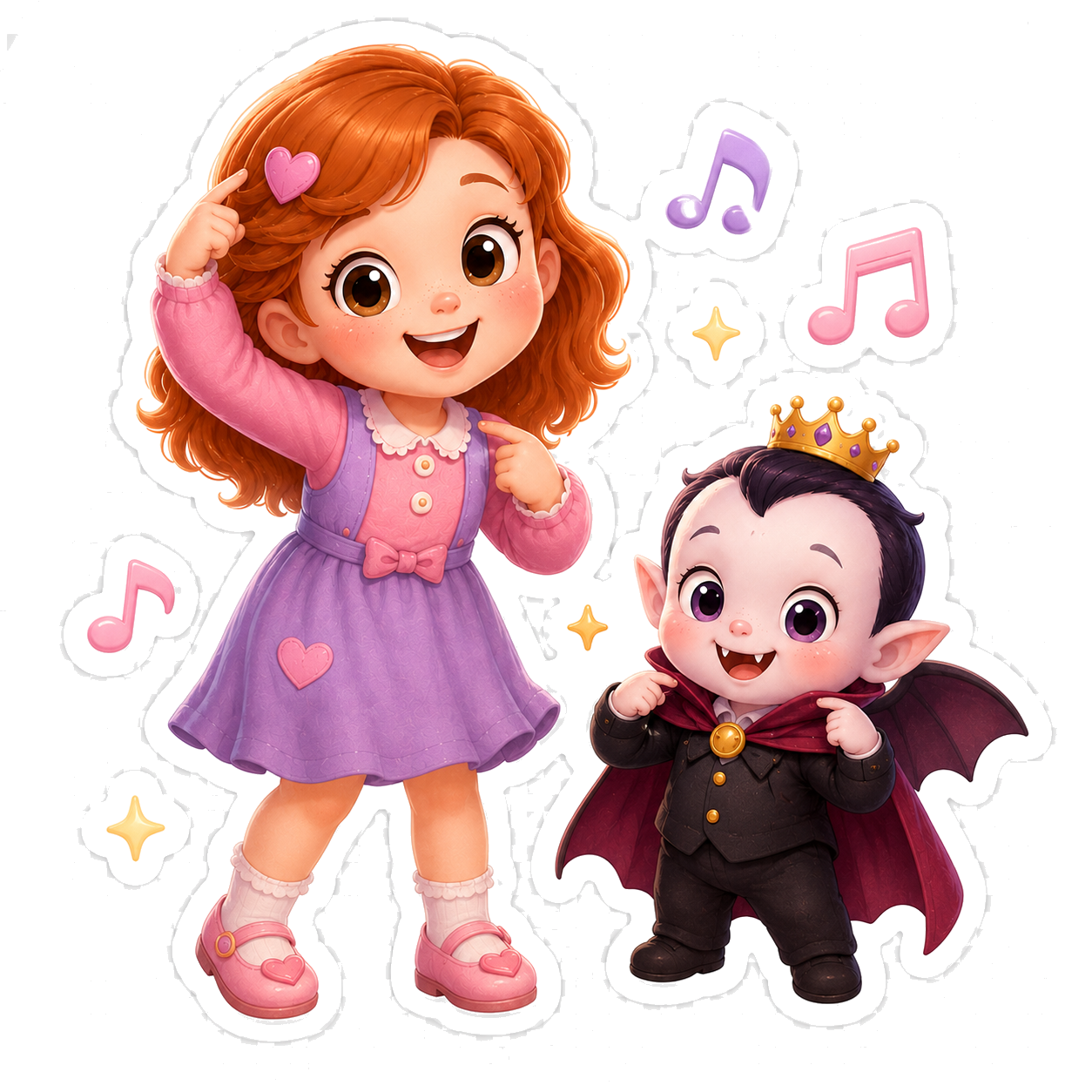 Julia and vampire dancing with music notes