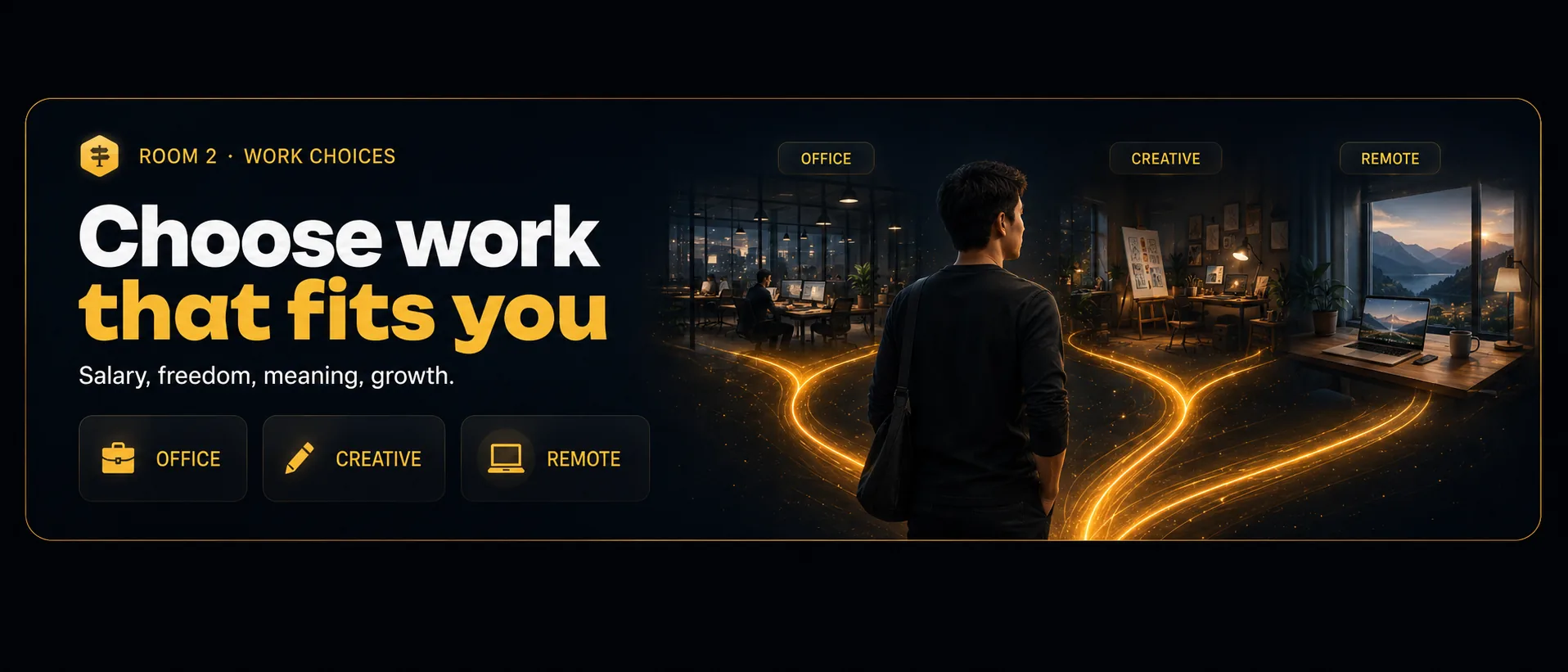 Room 2 · Work Choices — Choose work that fits you. Chips: office · creative · remote