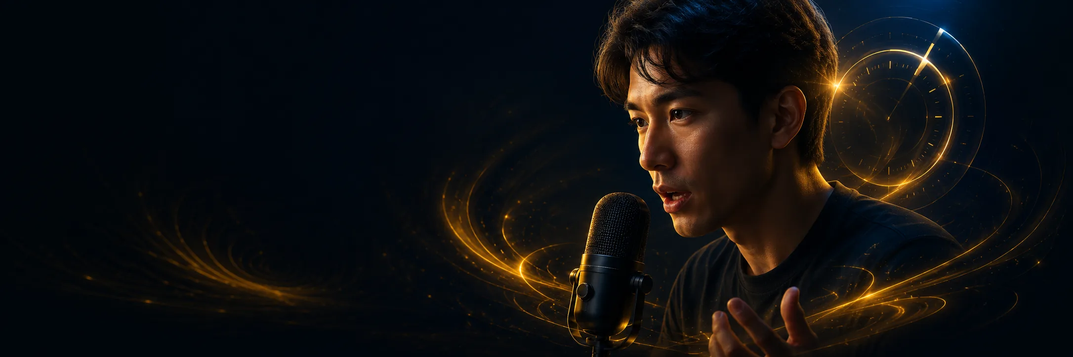 Portrait at mic under a golden clock