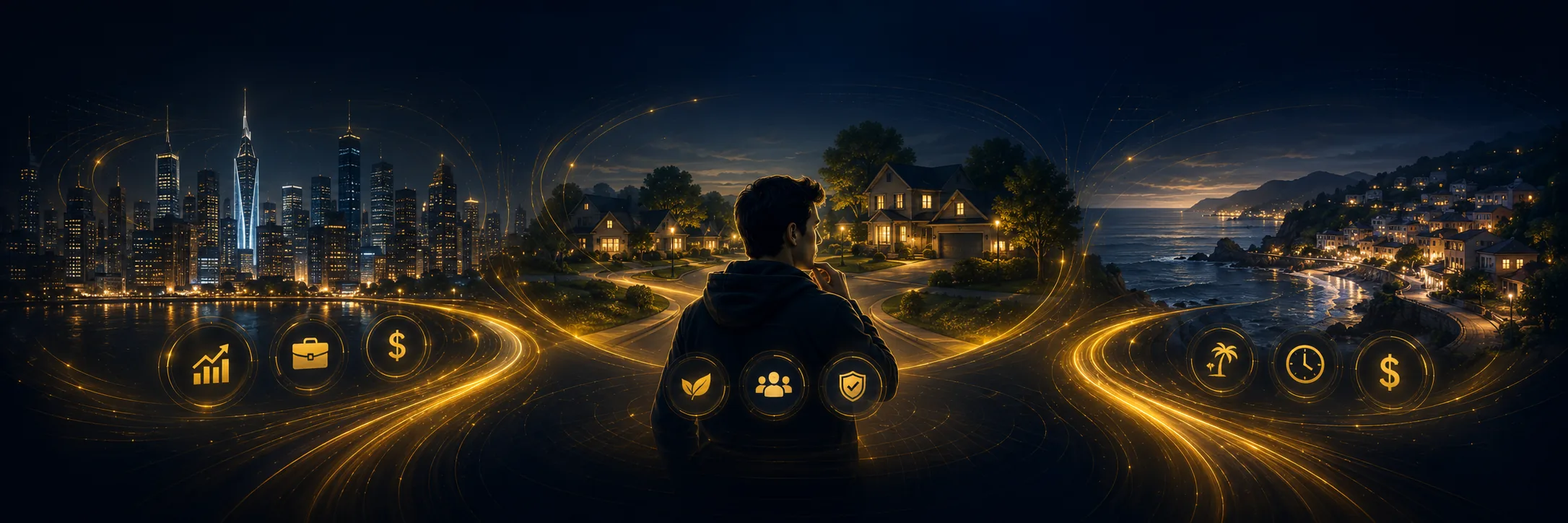 Standing between cityscape, suburbs, and coastal night