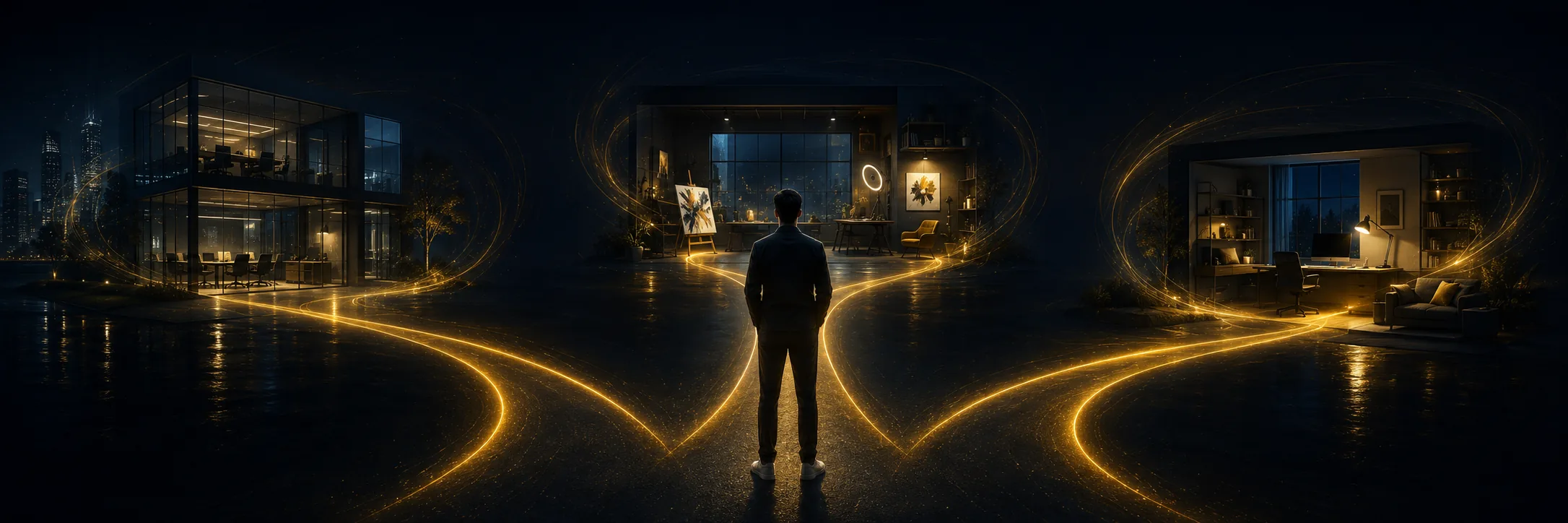 Standing between three different homes lit at night