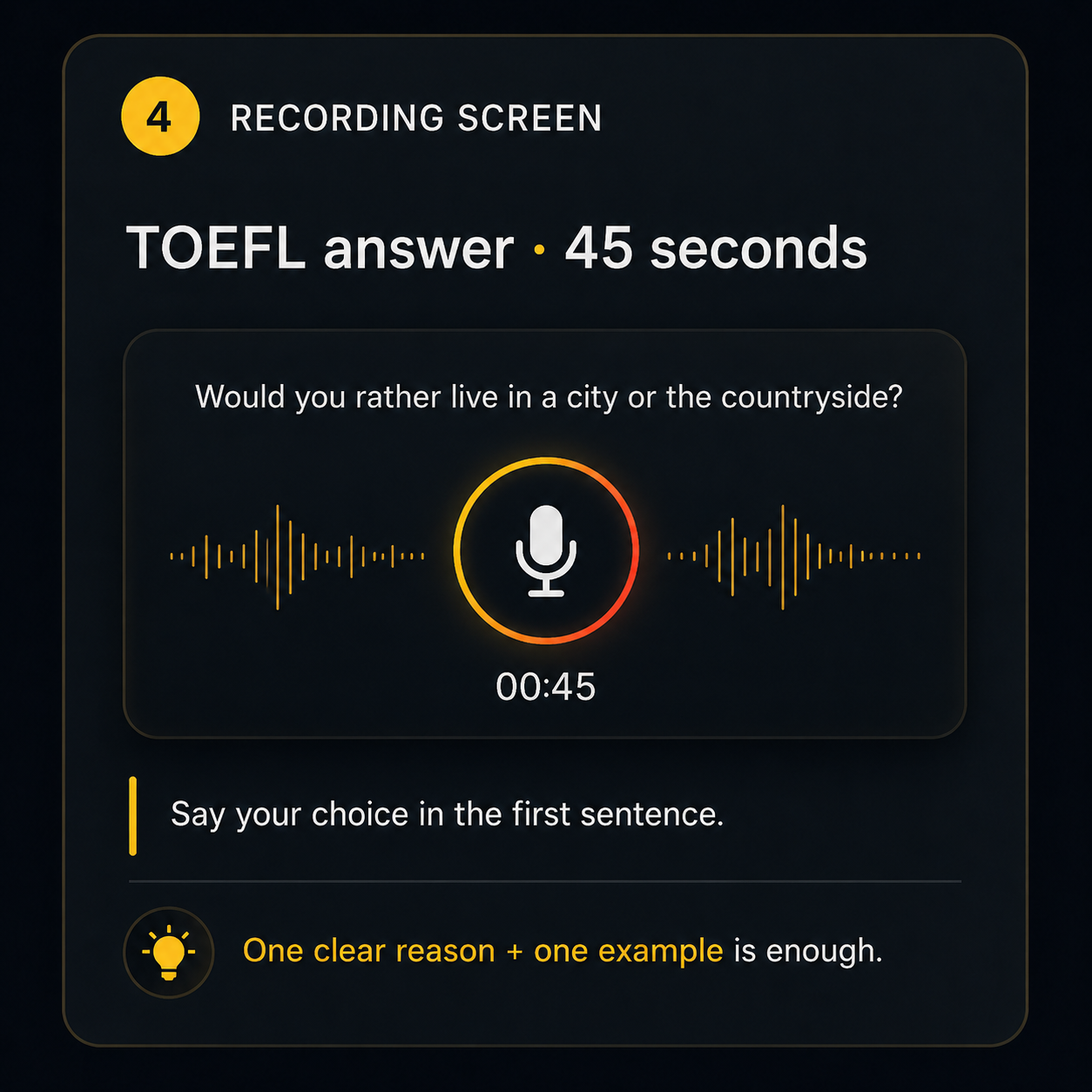 Recording screen panel — TOEFL answer 45 seconds. Say your choice in the first sentence.