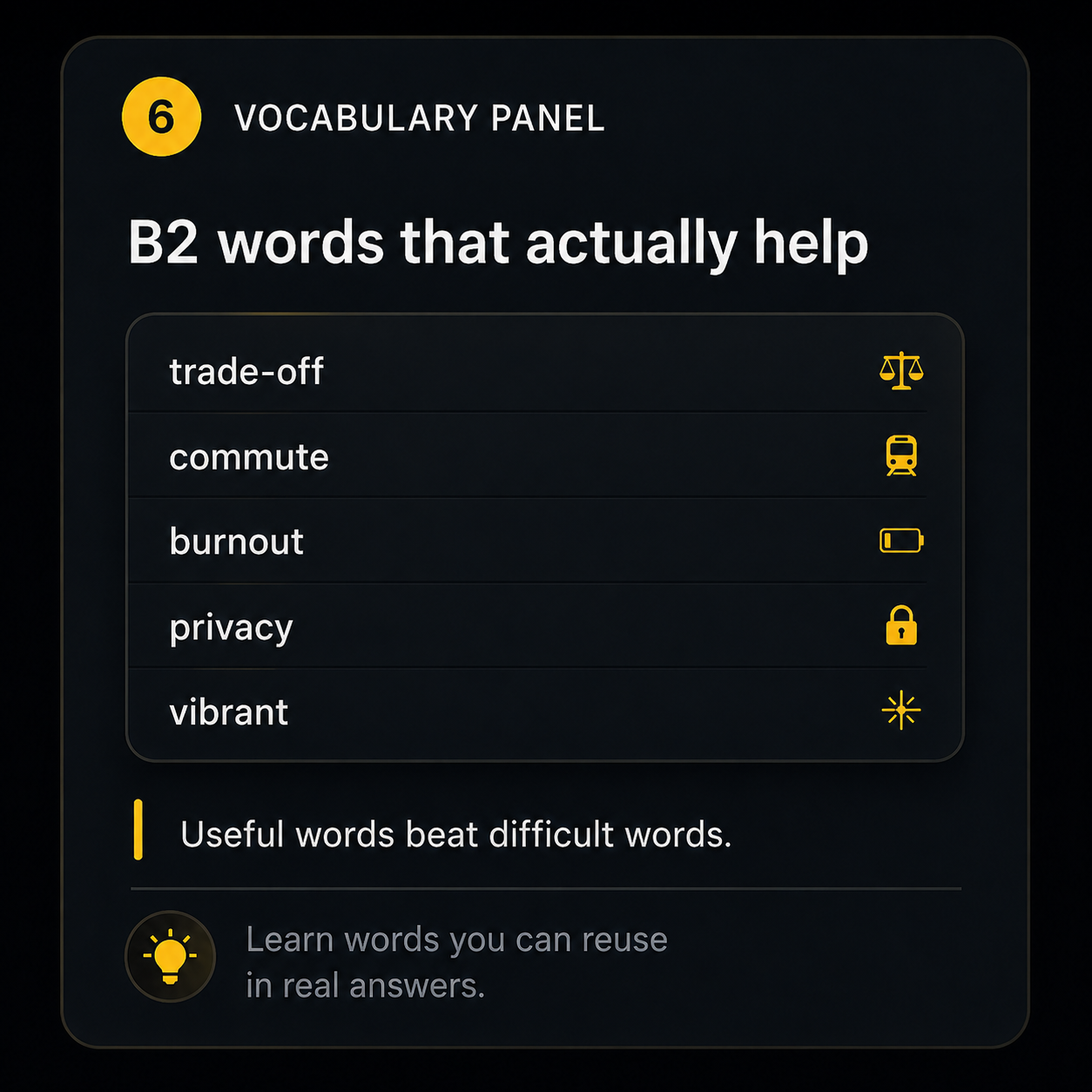 Vocabulary panel — B2 words that actually help: trade-off, commute, burnout, privacy, vibrant. Useful words beat difficult words.