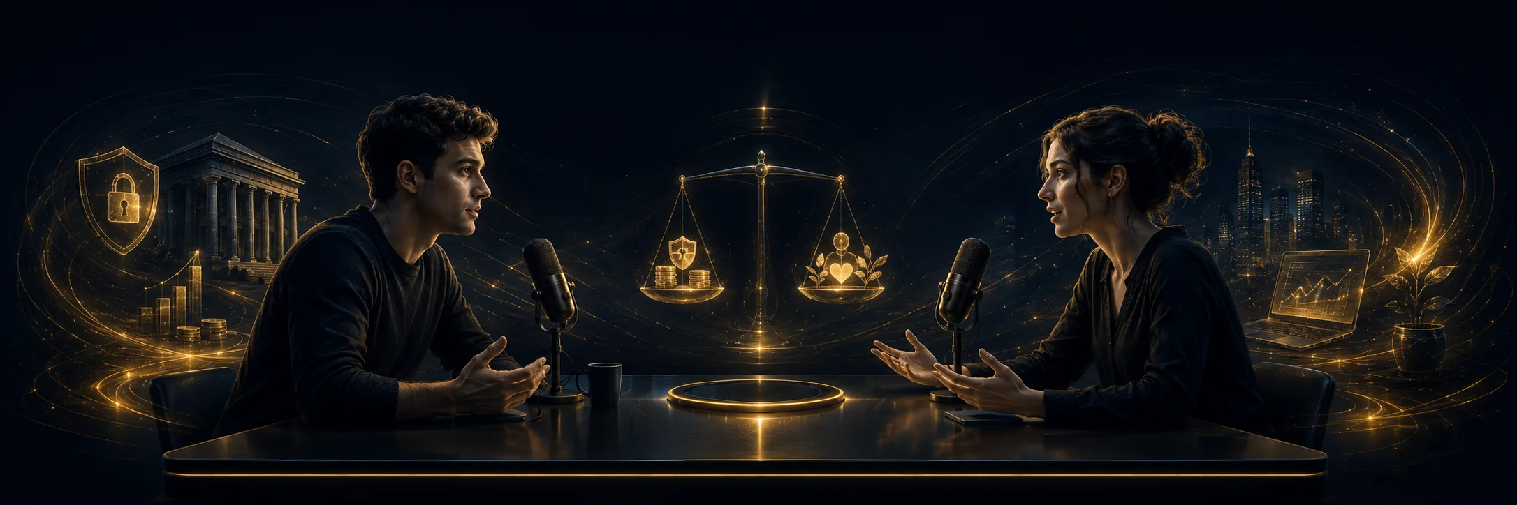 Interview at two mics with Justice scales