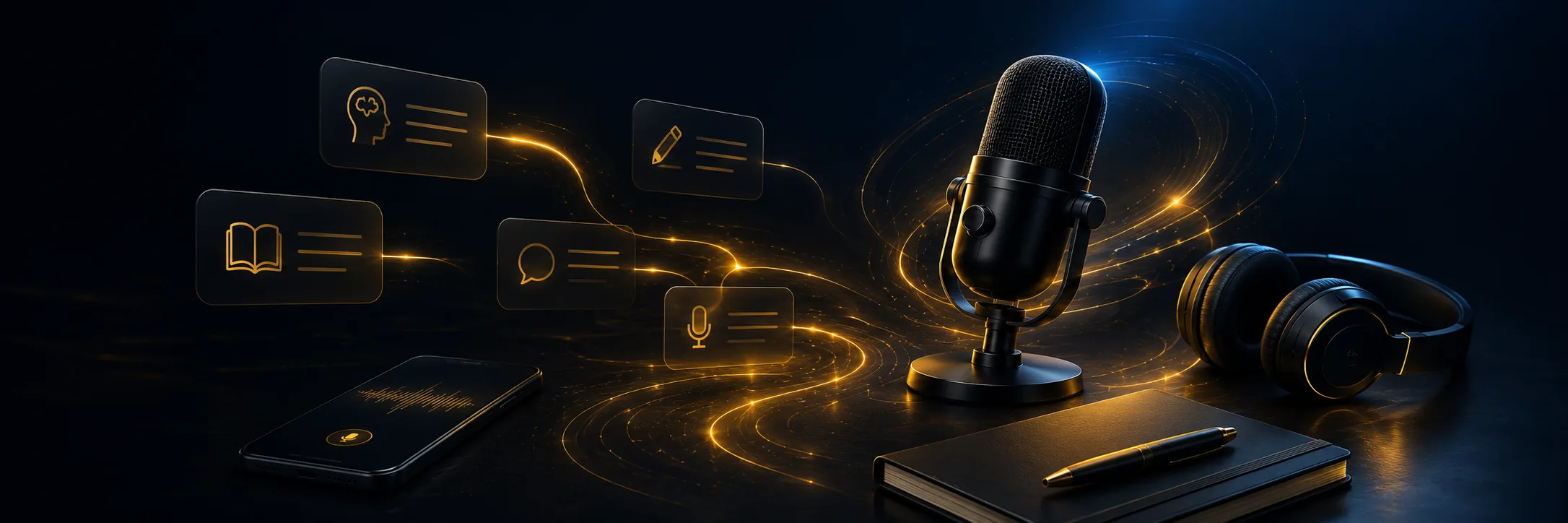 Mic + notebook + headphones + speech bubbles