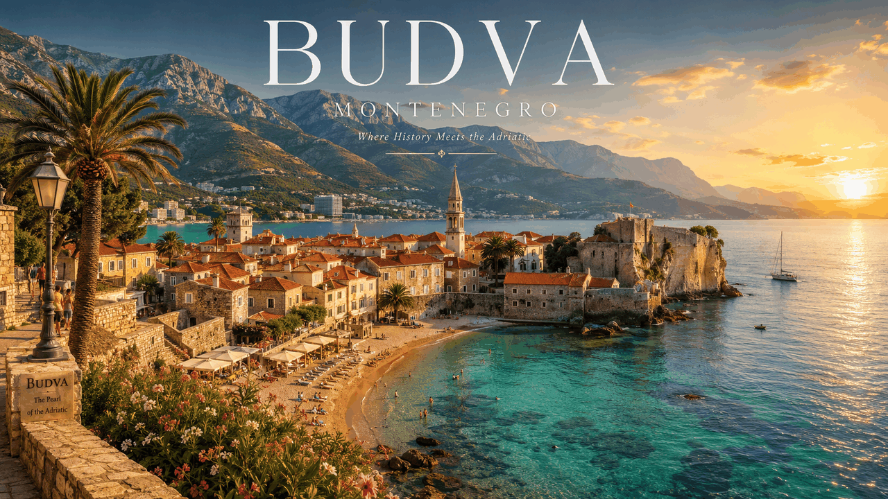 Budva old town at golden hour — Venetian walls, terracotta roofs, citadel on a peninsula in the Adriatic, Montenegro