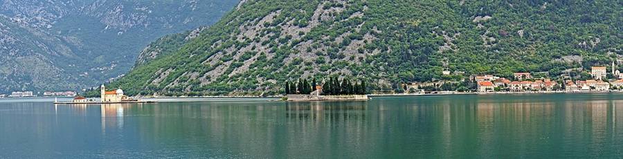 Perast on the Bay of Kotor with the two islands Our Lady of the Rocks and Sveti Đorđe in foreground